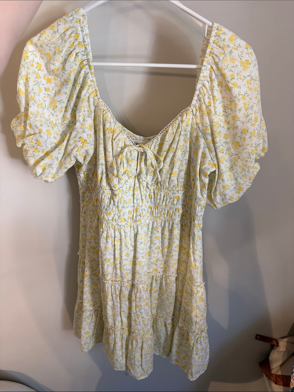 Trixxi Yellow Floral Puff-Sleeve Mini Dress with Tie Neck